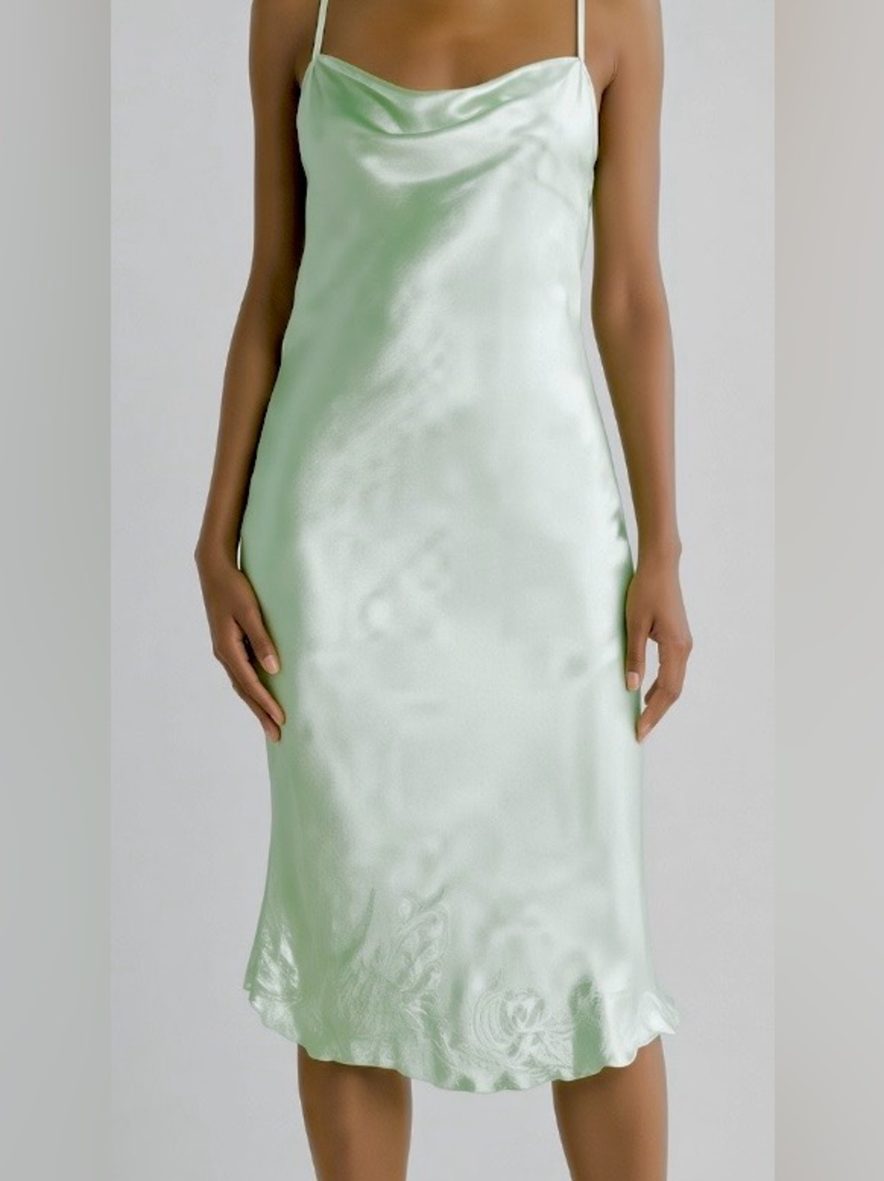 Bebe Mint Crinkled Satin Cowl Neck Midi Dress: Large